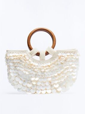 Beaded Shell Disc Handbag with Wooden Ring Handles - Cream